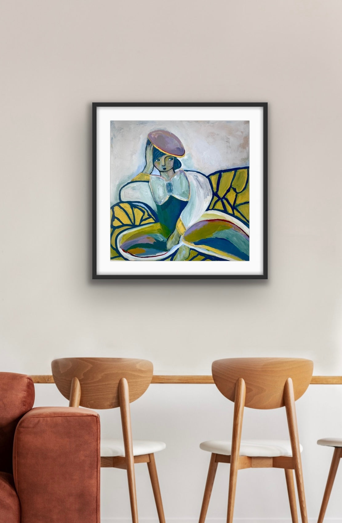 Interiörbild Släppa taget.
Figurativt motiv av konstnären Karolina Palmér. Poster 50*50 cm.