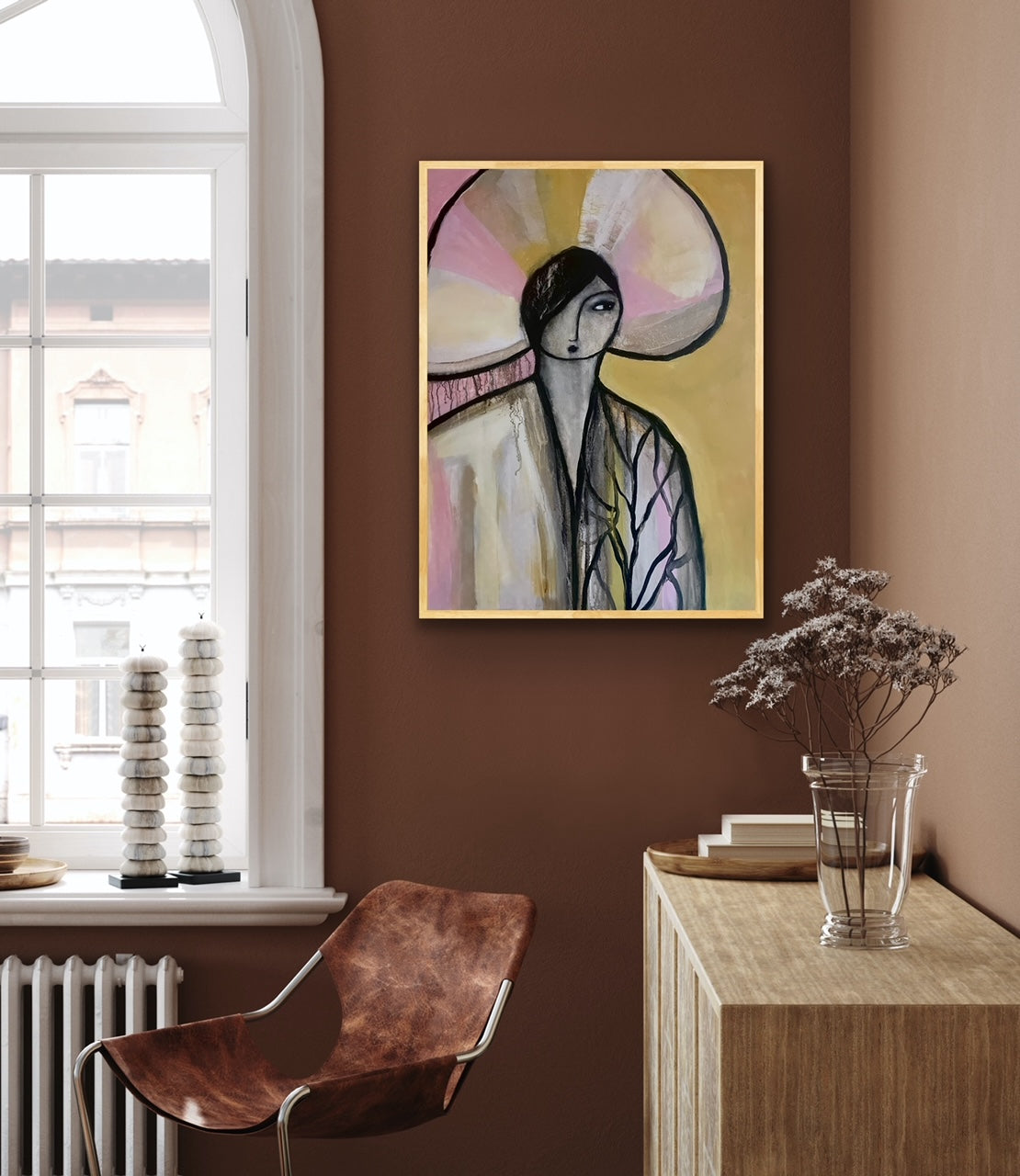 Akrylmålning Ett ögonnblick i gula och rosa toner. Originalmålning av konstnären Karolina Palmér. Unik konst till salu.