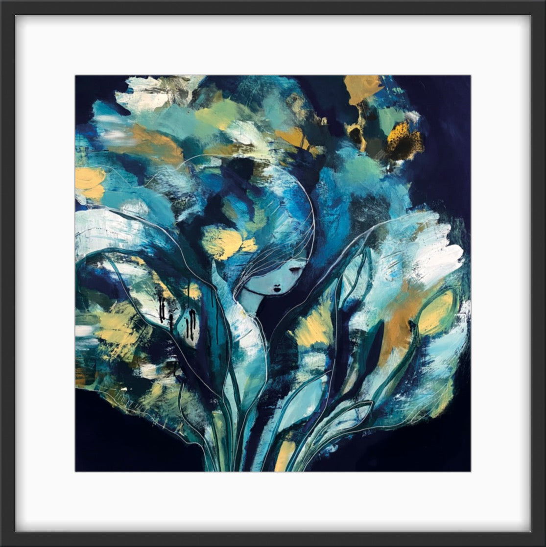 Signerad poster Fjärilseffekten av konstnären Karolina Palmér i blå toner. Svensk design till salu.