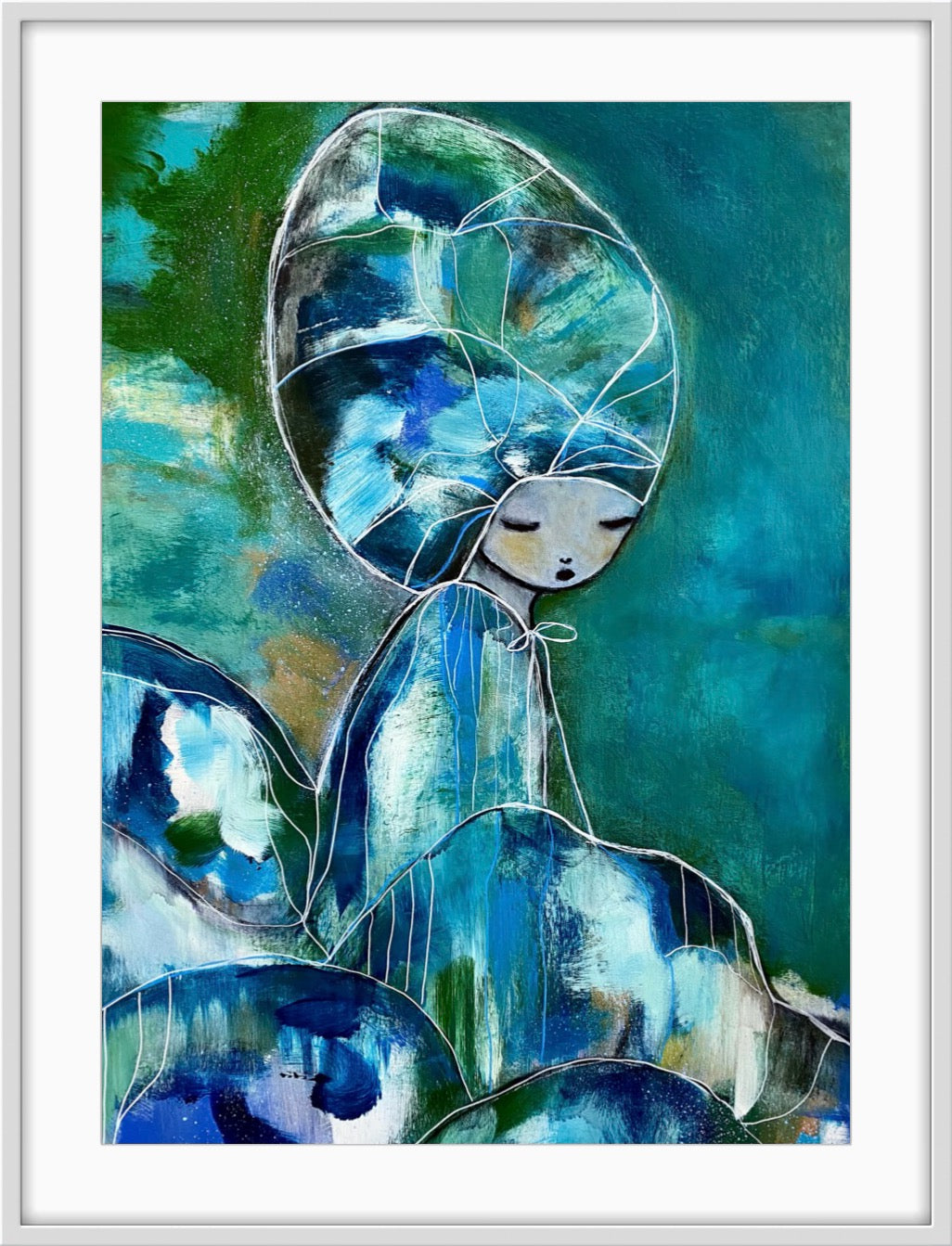 Poster Tålamod av den svenska konstnären Karolina Palmér. Harmonisk poster i blå och gröna toner.