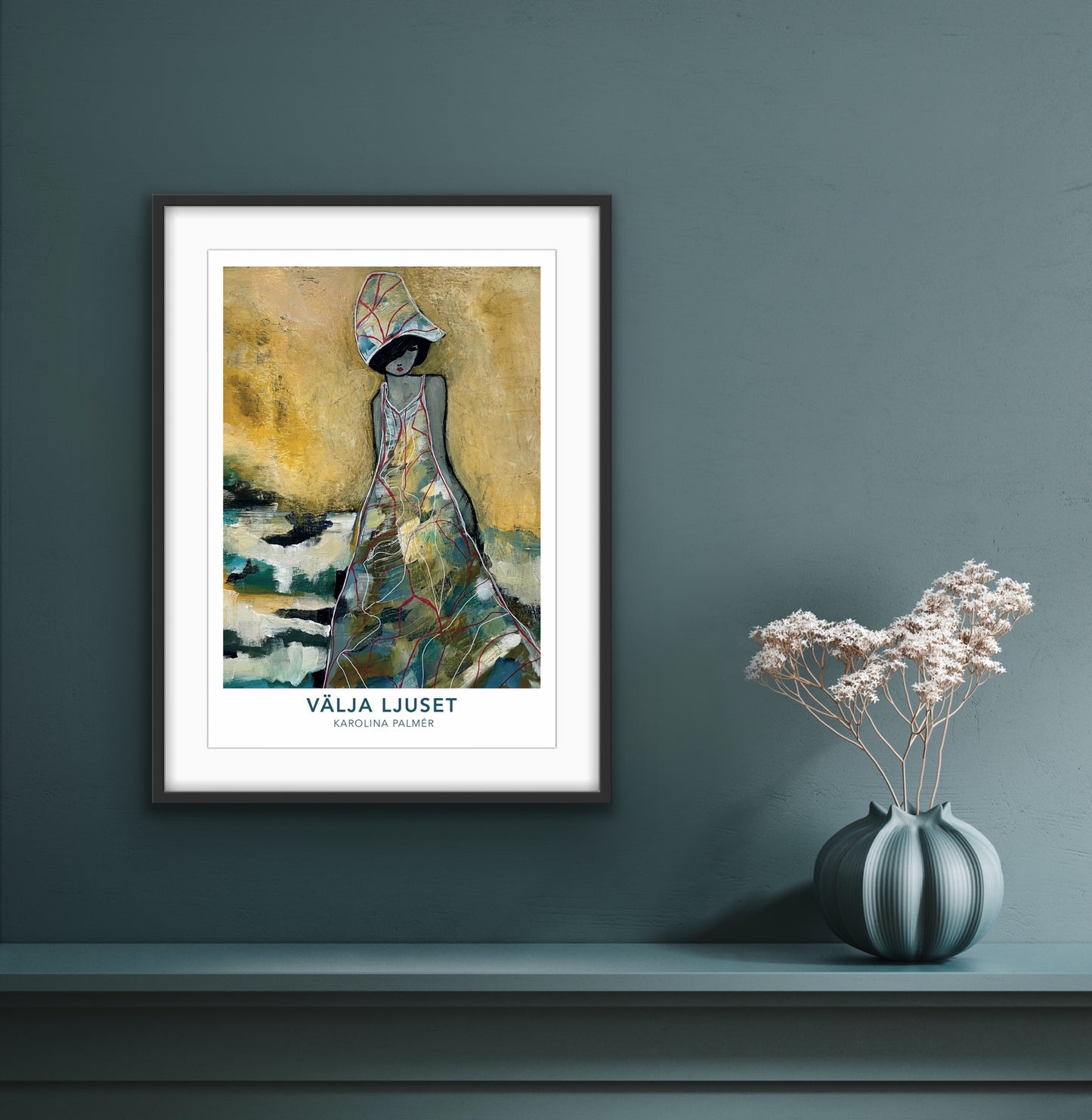 Poster Välja ljuset av konstnären Karolina Palmér. Poster med text i gula toner.