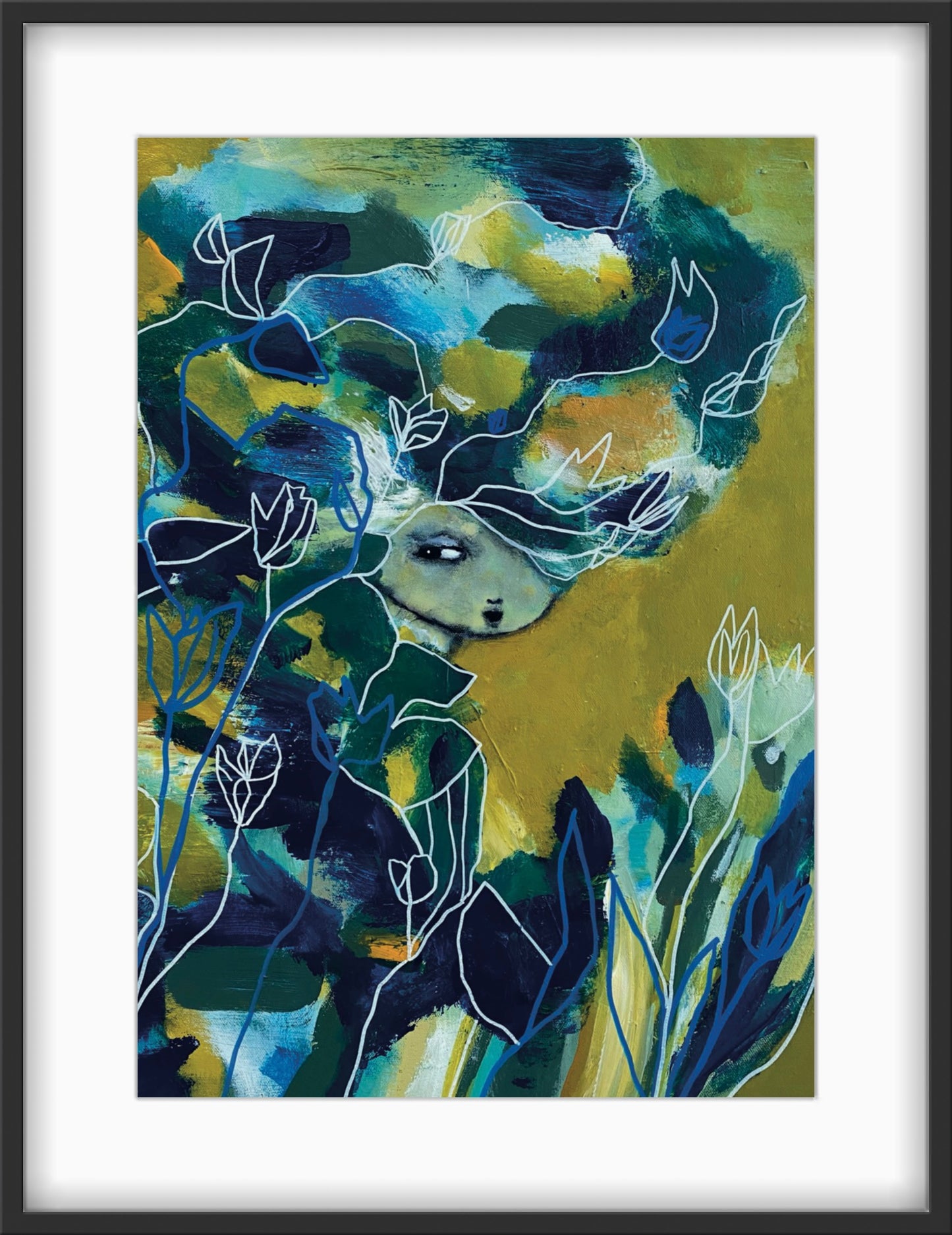 Late bloomer. Poster i A3-format av konstnären Karolina Palmér. Figurativt motiv i gula och blå färger.