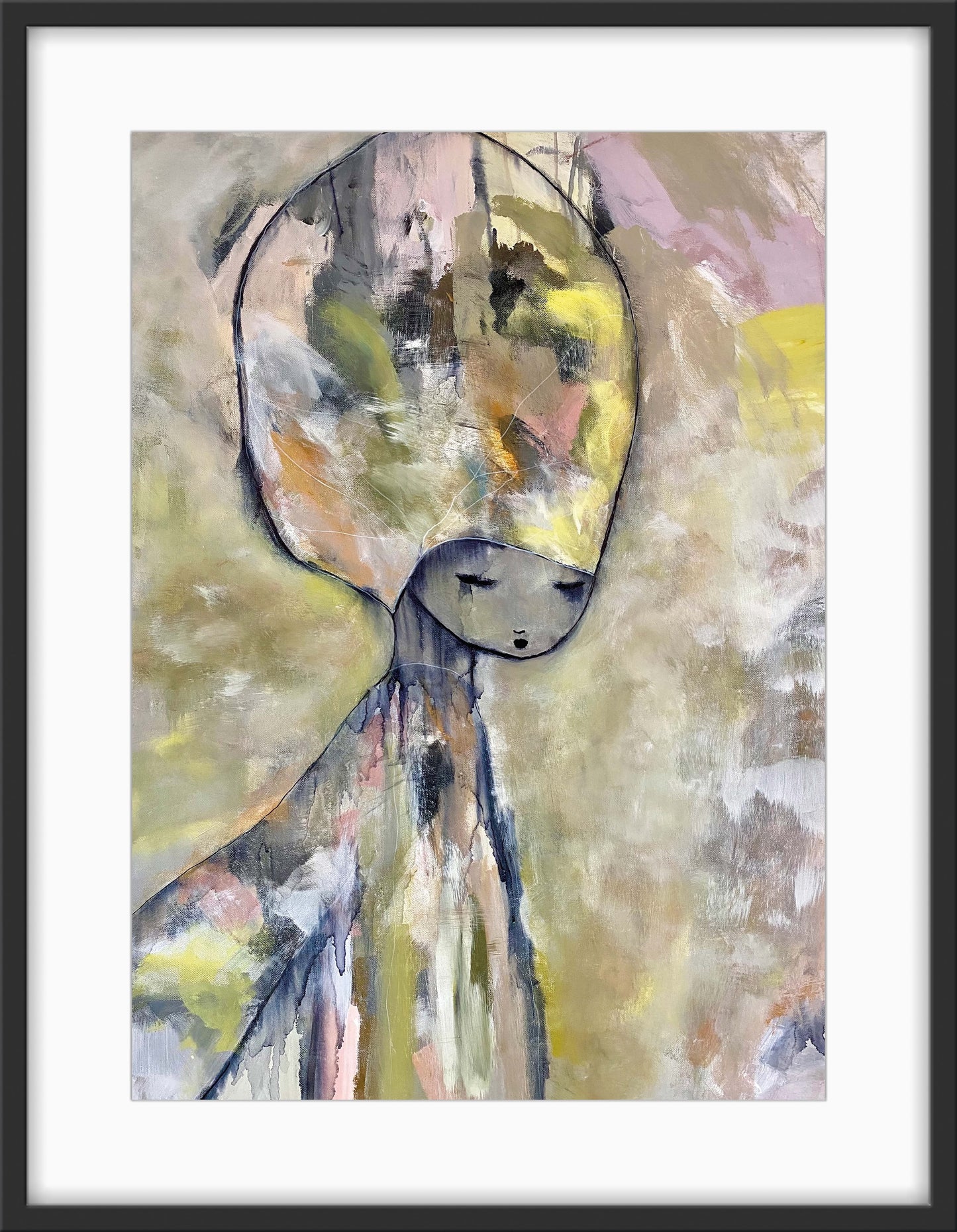 Poster Ett andetag av konstnären Karolina Palmér i gula toner. Stor poster med figurativt motiv. Unik konst till salu.