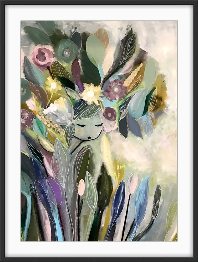 Oh my garden. Stor poster av Karolina Palmér. Figurativt motiv i lugna toner, Mått 50*70 cm.