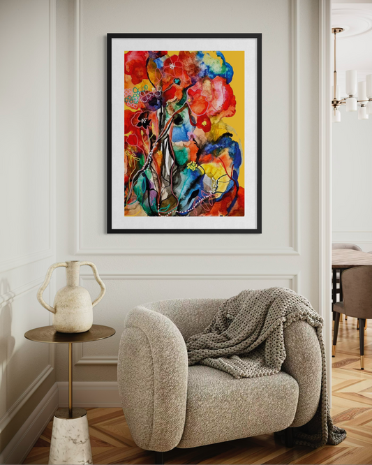 Färgstark poster ”Happy” i harmonisk interiör. 