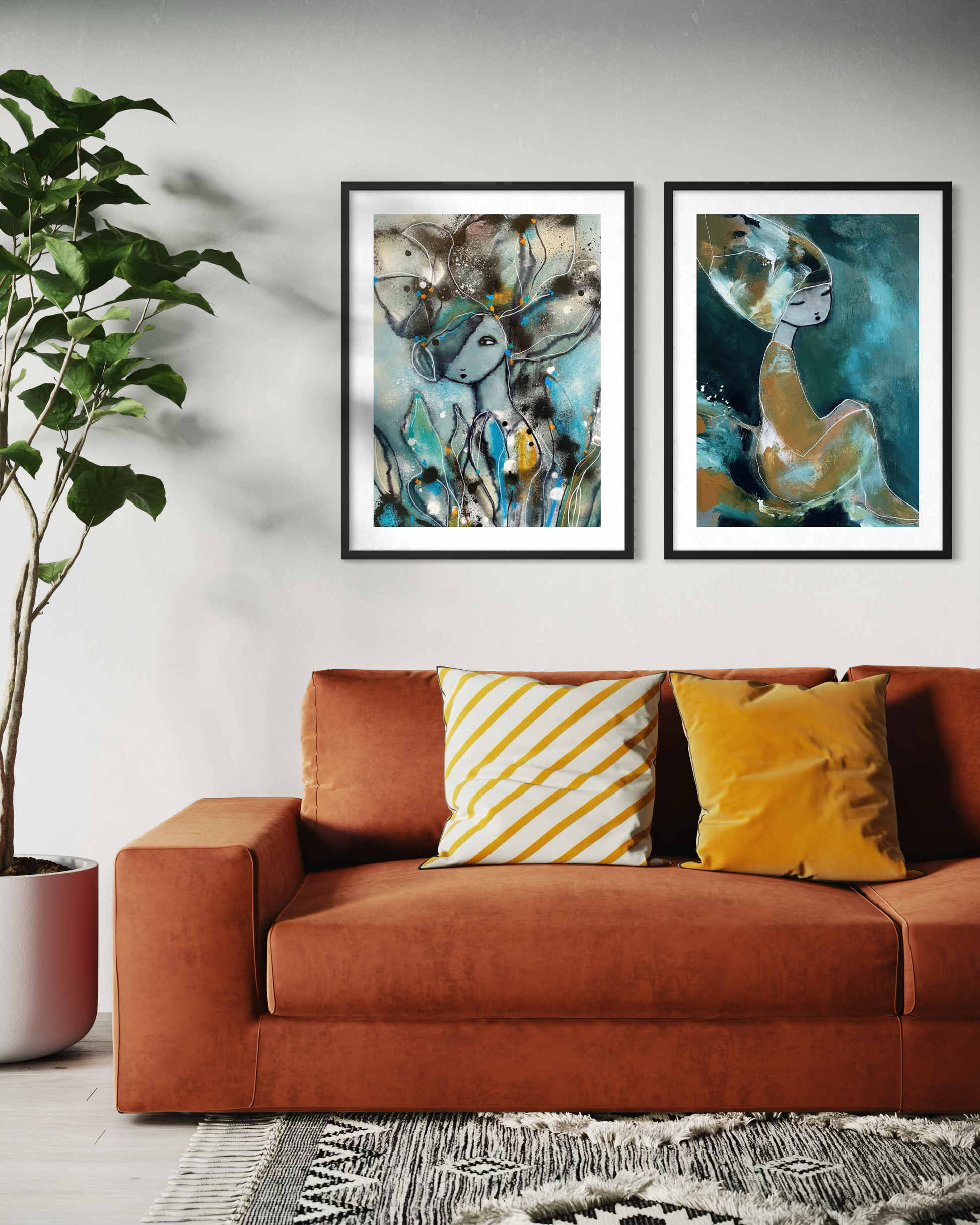 Paket med 2 stora posters i blå toner i harmonisk inredningsmiljö. 