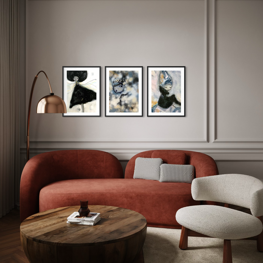 Paket med 3 posters i svartvita färger i harmonisk inredningsmiljö. 