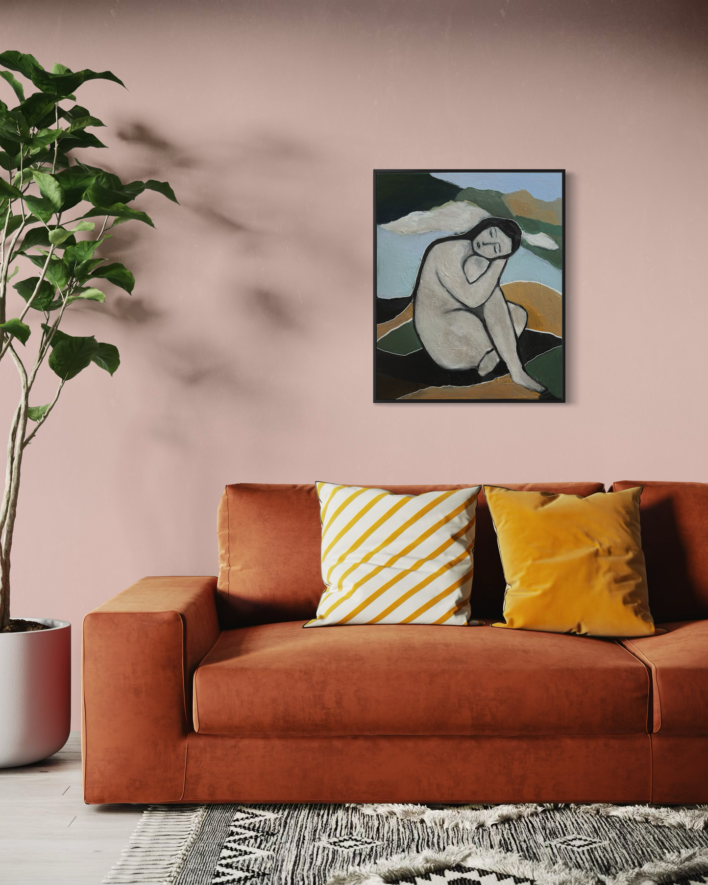 Originalmålning Alignment placerad i harmonisk inredningsmiljö.
