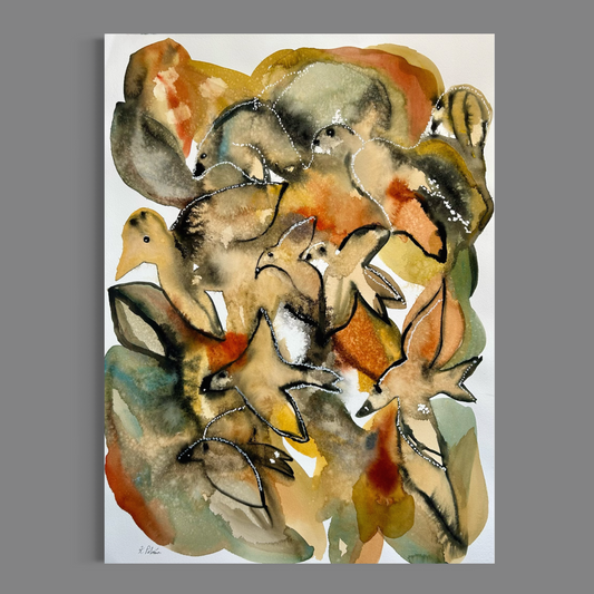 Akvarellmålning Flying High i mjuka toner.  