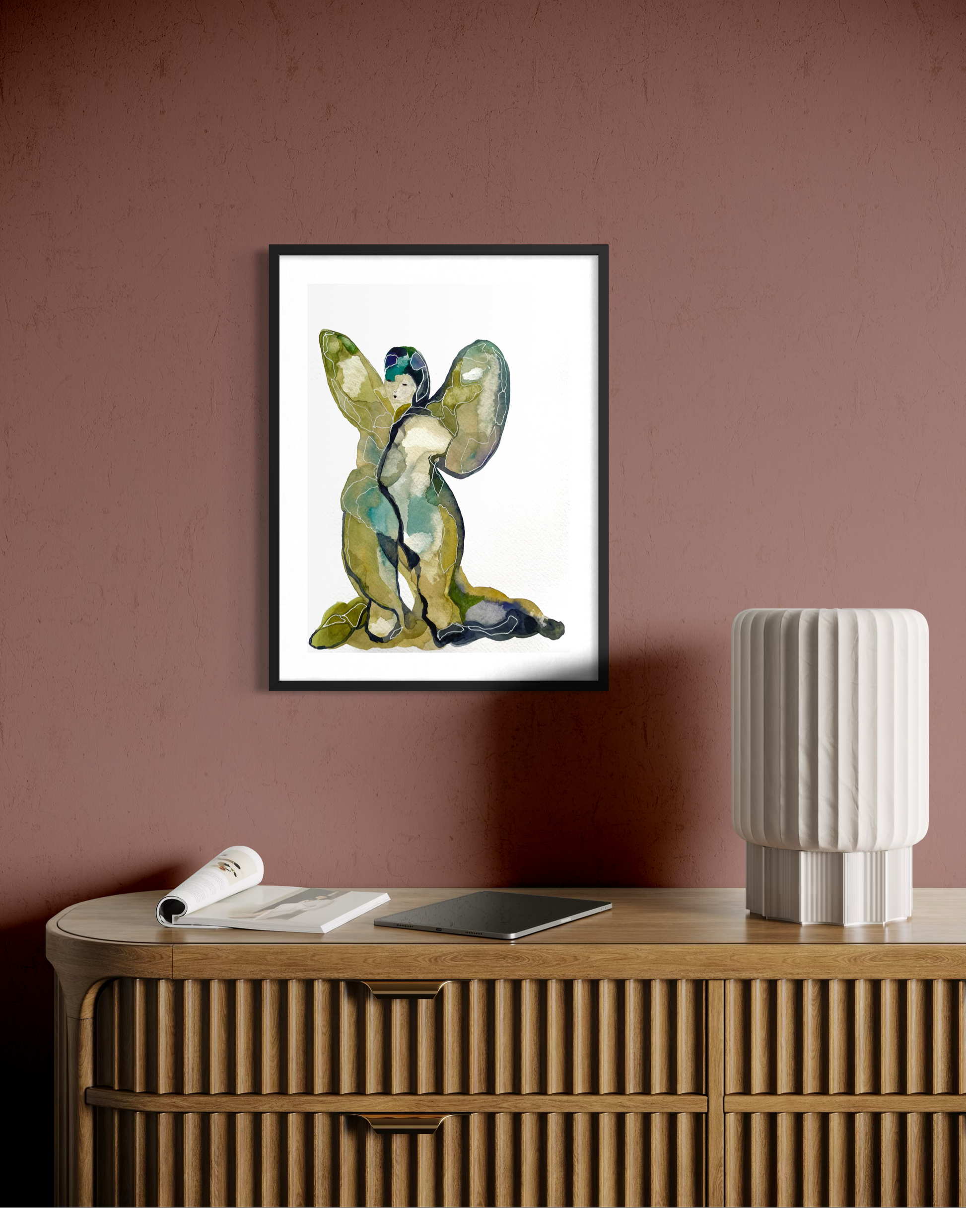 Akvarellmålning Kram i varm rosa miljö av konstnären Karolina Palmér.