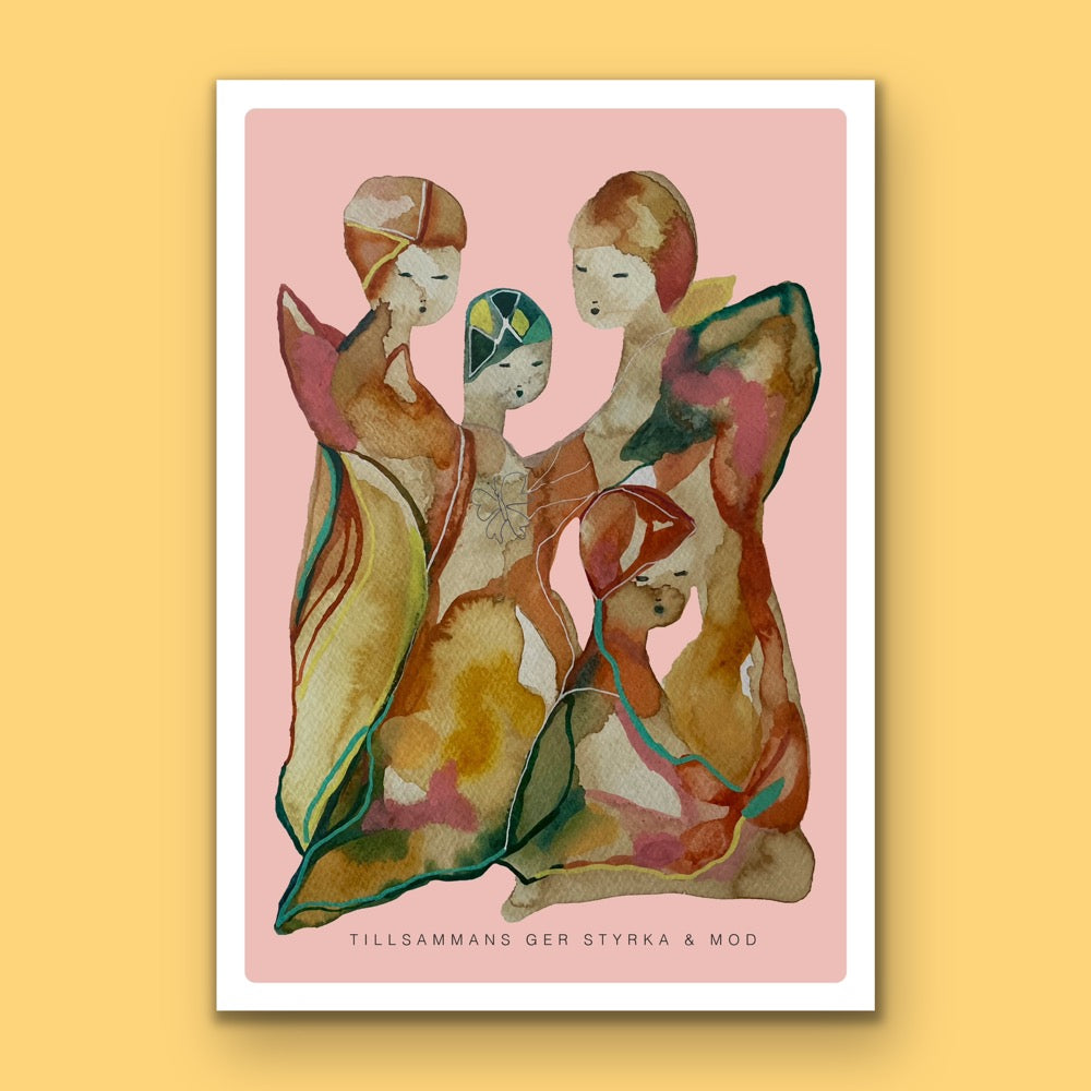 Poster Tillsammans ger styrka och mod tillförmån för Cancerfonden. Motiv i rosa toner av konstnären Karolina Palmér.