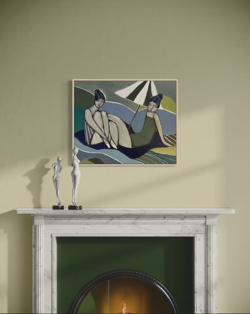 Filmsnutt som visar originalmålningen Pratstund ” i ljus rumsmiljö av Karolina Palmér. 